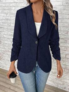 EMERY ROSE Women's Solid Color Draped Collar Ruched Long Sleeve Casual Office Blazer Jacket, Autumn,Fall