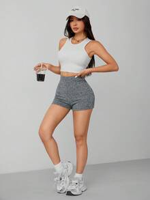 SHEIN PETITE Summer Marled Knit Biker Shorts - Grey - View 4