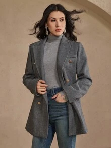 DAZY 女士优雅格纹西装外套，金属扣设计，修身剪裁，适合秋冬季节穿着。 - 灰色 - 查看 4