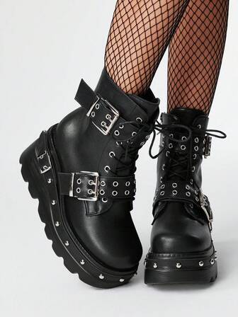 Grunge Punk Women's Black Round Toe Platform Goth Punk Strap Eyelet Double Buckle Fashion Mid-Calf Boots