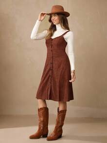 Wildy 雙口袋前紐扣背帶洋裝無毛衣 - 鏽棕色 - 查看 5