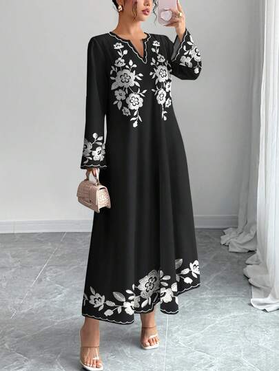 SHEIN Najma 女士优雅花卉印花V领长袖阿拉伯风长裙