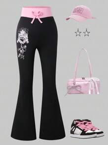 Sparklyn Tween Girls American College Style Casual Striped Green Pants Fall Winter - Black - View 9