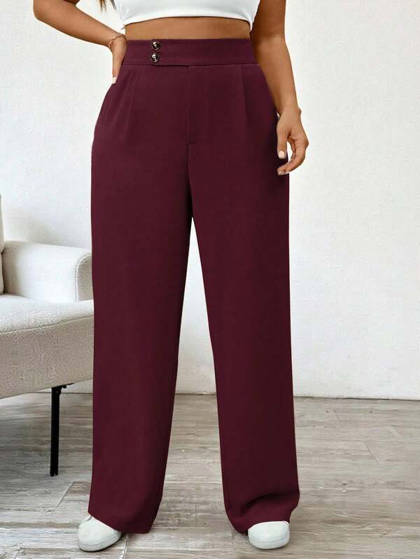 SHEIN Tall Plus Size Women High Waist Pleated Wide Leg Casual Pants