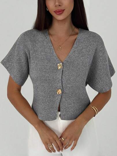 Aloruh New Minimalist Fashion Deep V-Neck Short Sleeve Thin Double-Breasted Cinched Waist Casual Versatile Cardigan,Fall