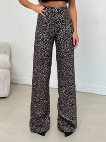 SHEIN Tall 100% Cotton MID RISE WIDEEG CUT LEOPARD TALL JEAN - Multicolor - View 3