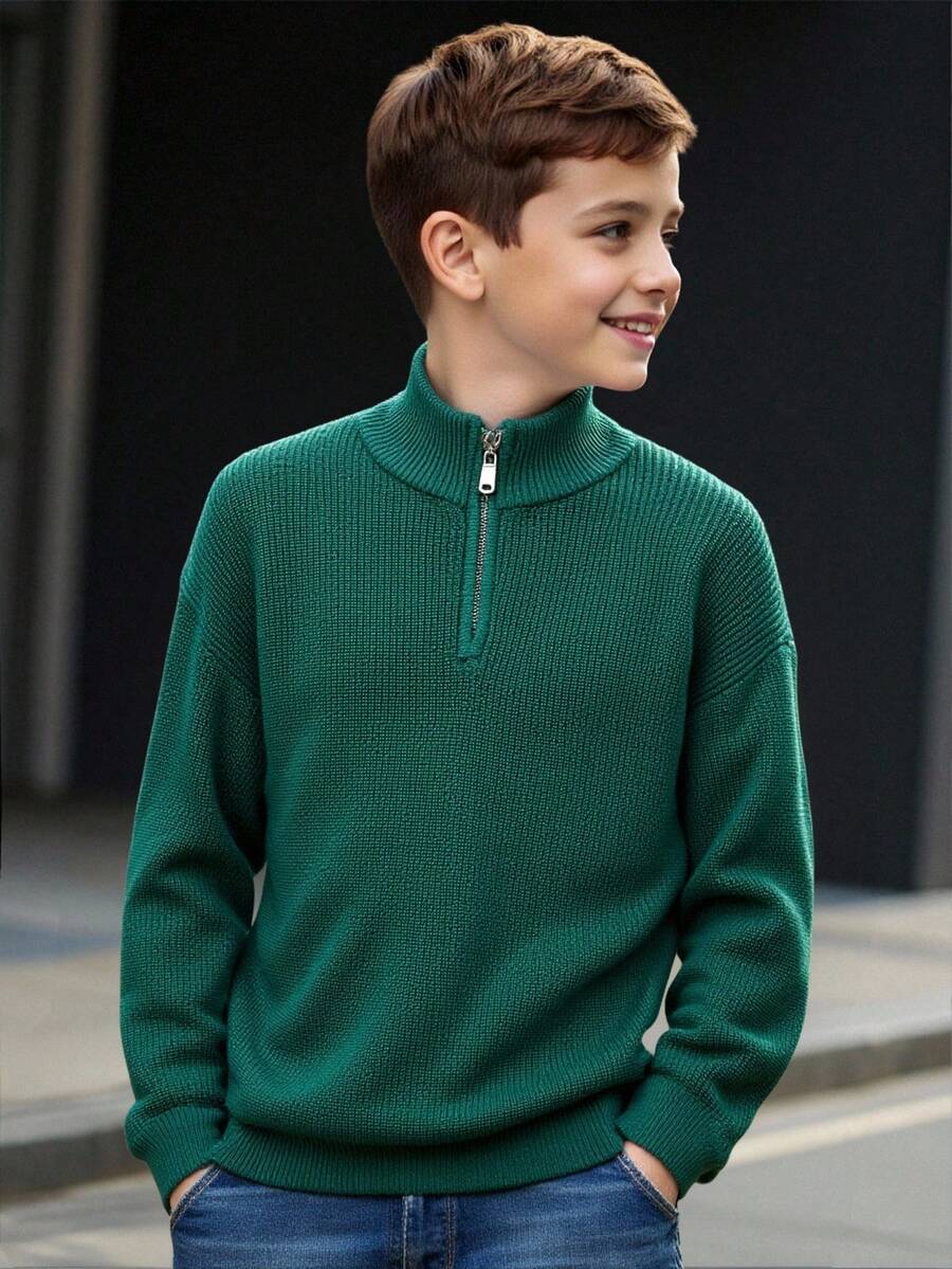 SHEIN Suéter de punto con media cremallera versátil y cómodo para uso diario de niños preadolescentes