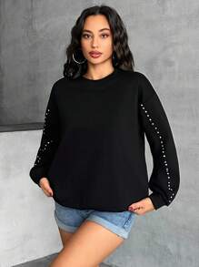 EURMUSE Women's Solid Elegant Rhinestone Detailed Sweatshirt - Black - View 7