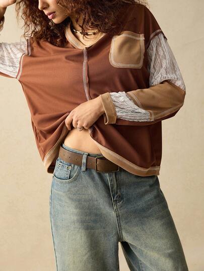 SoleilVie Halloween Autumn And Winter Women's Lace Patchwork V-Neck Contrast Color Sweatshirt Top For Women Grunge Knitted Top Sudadera Dama Fall Clothes For Women Long Sleeve Top Sweatshirt Streetwear Halloween Costumes Concert Outfits For Women