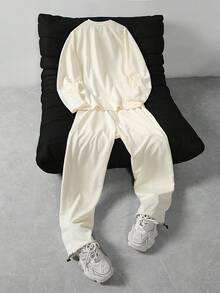 Manfinity Hypemode 2pcs Men's Sweatshirt And Pants Set, Sports College Style Men Cream Knitted Set Men Co-Ord Set Men 2 Pieces Outfit White Set - Multicolor - View 3