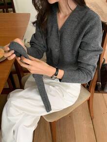 DAZY 女式 V 领系带休闲长袖开衫 - 灰色 - 查看 5