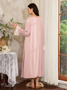 Côtesoire Französisches romantisches, elegantes Spitzen-Patchwork Damen Nachtwäsche Set, Herbstkleidung - Altrosa - Übersicht 2