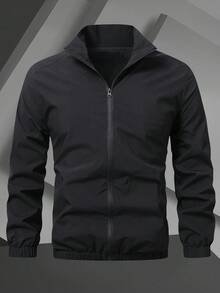 Manfinity Homme Men's Solid Color Zip-Up Casual Jacket, Autumn Lightweight Outdoor Windbreaker - Black - View 3