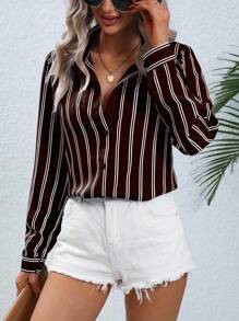 EMERY ROSE Camisa de manga larga con botones y rayas para mujer, adecuada para ir al trabajo en otoño - Café integral - Ver 6