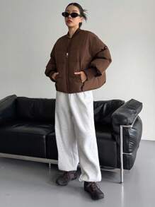 DAZY 纯色罗纹拼接女士棉服外套冬季 - 咖啡棕 - 查看 5