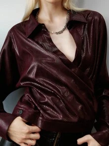 Airlisse Women's Autumn Stylish Textured V-Neck Waist Cinched Long Sleeve Blouse Fall Cloth For Women - Burgundy - View 2