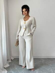 Elenzga Conjunto de 2 piezas de talla grande con chaleco de cuello en V de unicolor y pantalón ancho de manga larga informal, conjunto de pantalones blancos de 2 piezas para mujer, conjunto de pantalones elegante de 2 piezas para mujer, conjunto de pantalones de 2 piezas elegante para mujer, conjunto de 2 piezas blanco para mujer, conjunto de pantalones blancos de 2 piezas para mujer, conjunto de 2 piezas blanco elegante para mujer