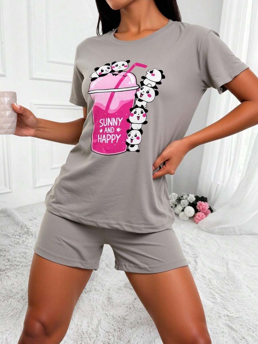 EURMUSE Conjunto de pijama de algodón con gráficos de dibujos animados y eslóganes - Beis - Ver 1