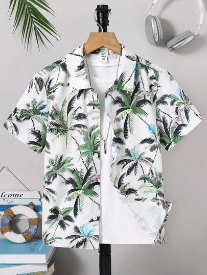 SHEIN 青少年男孩棕榈树印花短袖休闲纽扣衬衫，夏季