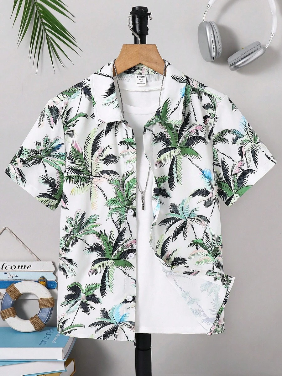 SHEIN 青少年男孩棕榈树印花短袖休闲纽扣衬衫，夏季 - 綠色 - 查看 1