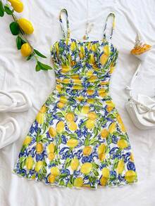 Soleia 女士夏季度假蓝白花卉网眼吊带裙秋季女士服装黄绿连衣裙春季彩色柠檬印花迷你连衣裙，生日连衣裙 - 彩色 - 查看 4