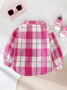 SHEIN Playful Pals Niña bebé en primavera y otoño, de moda, sencilla, retro y versátil, chaqueta de camisa de lana a cuadros rosa roja con solapa y botones, de uso diario, imprescindible en otoño e invierno - Rosa - Ver 2