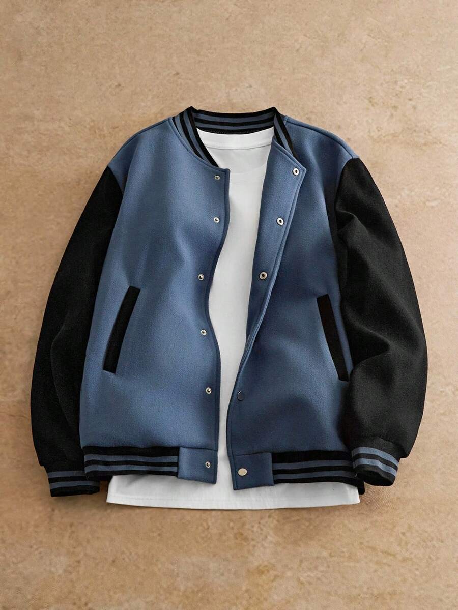 Manfinity NXTstreet 男士休闲拼布棒球夹克，适合日常穿着男士校队夹克蓝色飞行员夹克蓝色夹克男士校队夹克，秋季，冬季