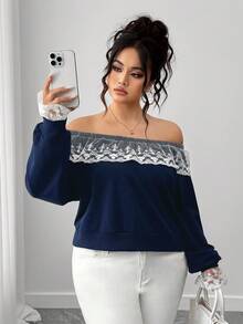 SHEIN CURVE+ Plus Size Costura Contraste Cor Renda Renda Simples Moda Estilo Comunhão Saindo Elegante Cor Sólida Moletom Feminino - Azul marinho - Ver 4