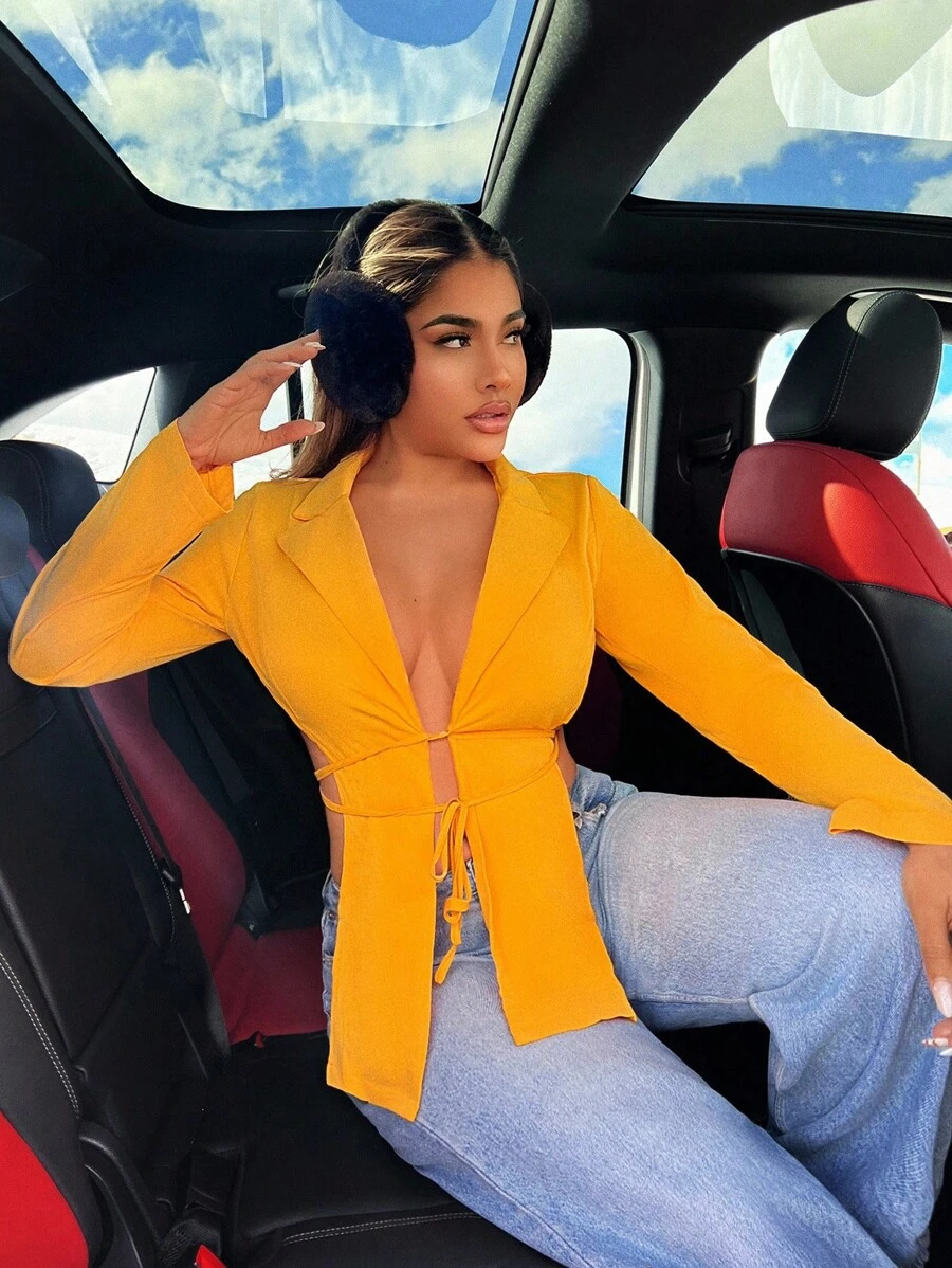 Zolique Jaket Kasual Lengan Panjang dengan Hem Asimetris Warna Polos untuk Wanita, Cocok untuk Musim Gugur dan Musim Dingin. - Kuning - View 1