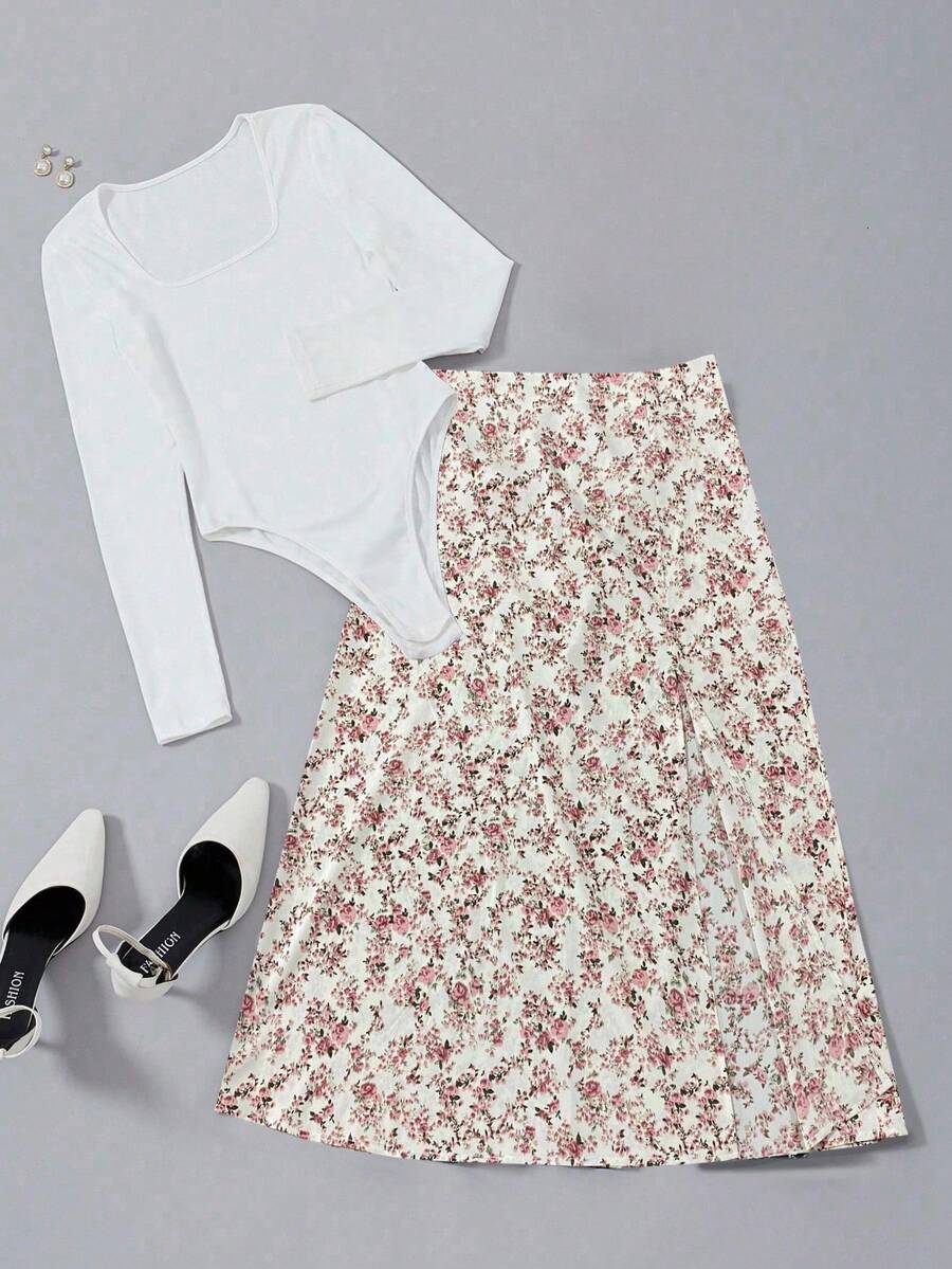 SHEIN Unity Bộ đồ liền thân hai mảnh cổ vuông dài tay màu trơn và chân váy in hoa toàn thân cho nữ - Nhiều màu - Xem 1