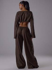 MUSERA Conjunto de ropa de top corto extremo y pantalones con cordón, elegante estilo bohemio para vacaciones, en tonos apagados, ideal para otoño, invierno y primavera, para citas - Marrón - Ver 2