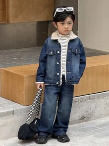 SHEIN Little Byeori 2pcs Young Boy Blue Denim Fleece Collar Long Sleeve Jacket And Loose Fit Thick Pants Set, Suitable For Autumn/Winter Outings Fall