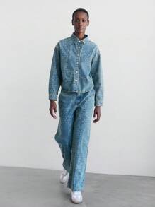 Maija 女式休闲腰果图案长袖单排扣牛仔夹克 - 中等水洗藍 - 查看 2