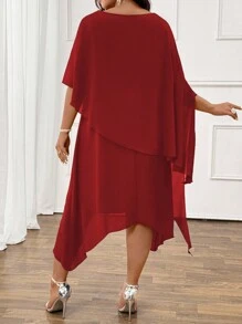 SHEIN Clasi Elegant Commuter & Evening Casual Women's Fashion Bestselling Versatile Comfortable Chiffon Fabric Shirt Dress, Round Neck, Short Sleeve, Multi-Layer Mid-Length Design, Navy Blue, Plus Size