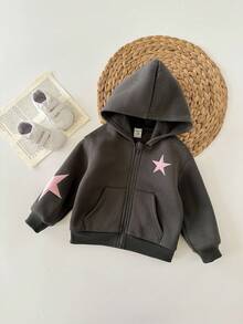 Back To School Baby Girl Gray & Pink Star Print Contrast Color Knit Hoodie Sweatshirt, Loose Fit Thermal Lined Casual Sweatshirt For Autumn/Winter Fall