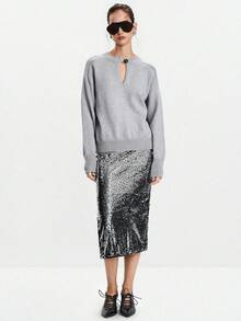 Lumivelle 女士休闲宽松时尚简约深 V 领毛衣，百搭秋冬装 - 灰色 - 查看 5