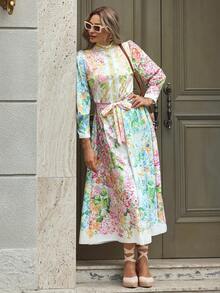 EMERY ROSE 法式优雅花卉印花泡泡袖立领纽扣腰连衣裙，春季女款