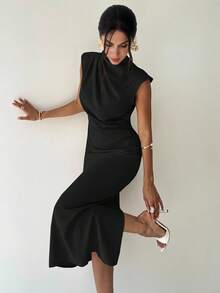 Firerie 女士优雅简约休闲日常通勤度假时尚新款小立领垂坠袖收腰杏色长款连衣裙，夏季 - 黑色 - 查看 5