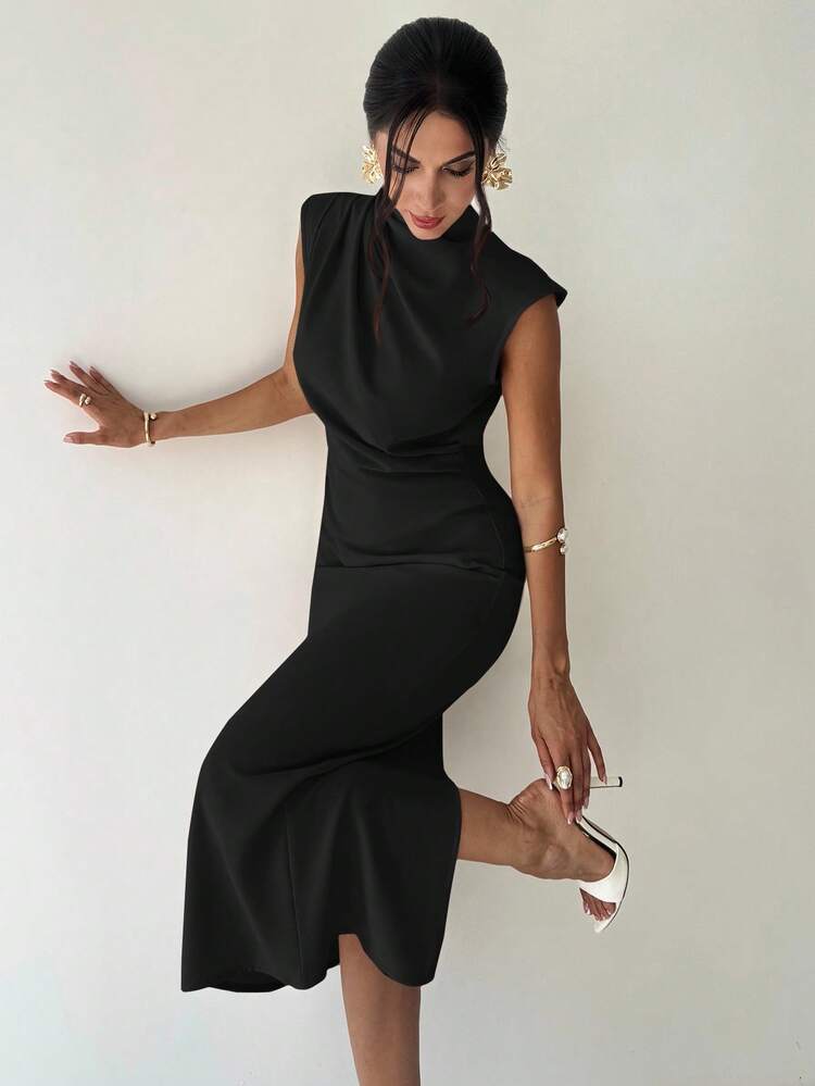 Firerie Vestido largo de verano elegante y minimalista para uso diario, viajes y ocasiones casuales, con cuello mao, mangas drapeadas y cintura ceñida, color albaricoque - Negro - Añade 5