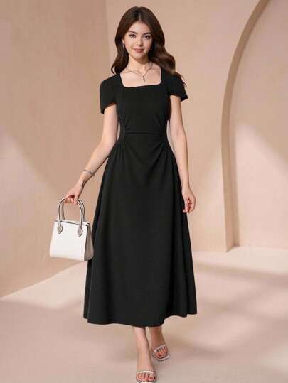 Pitira Pitira Teen Girls French Elegant Commuter Casual Vacation Afternoon Tea Plain Round Collar Waisted Snug Fit Elegant Puff Sleeve Midi Dress, Spring/Summer Black Elegant Dress Long Black Dress Black Square Neck Dress Elegant Dresses For  Girl Teenage Black Dress Black Elegant Dress For Girl Square Neck Black Dress Black Midi Dress Short Sleeve Black Dress Elegant Dresses For Girl Teenage Black Long Dress Girl Black Elegant Dress Fall Winter