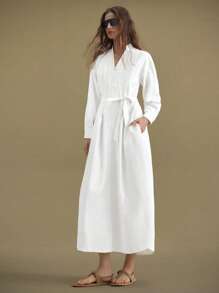 Ontre 2025年新款女装、秋冬服饰、四季服装、冬季服装、女士返校装、万圣节和圣诞节服装、女士教师制服、各种场合服装、夜间外出礼服、婚礼宾客礼服、优雅婚礼宾客礼服、女士教堂礼服、时尚浪漫纯色系带高开衩连衣长裙 - 白色 - 查看 5