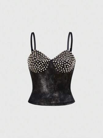 Grunge Punk Sexy Halloween Dark Punk Rivet Patchwork PU Leather Women Top