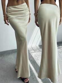 Firerie Women's Elegant Solid Satin Maxi Skirt,White Light Yellow Low-Waist Autumn Clothing,Versatile Minimalist Date & Work Attire,Beach,Party,Prom - Yellow - View 3