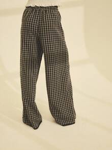 Aralina 秋冬款 Stolkhom 格纹阔腿裤，侧边口袋，腰部和裤脚饰有撞色蕾丝边，休闲机场装扮 - 彩色 - 查看 2