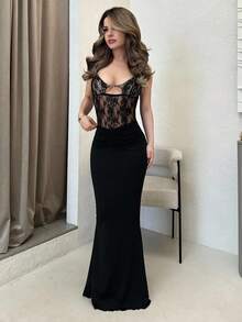 Jemour 女士透明蕾丝镂空吊带性感吊带背心 - 黑色 - 查看 1