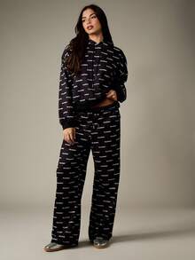 Missguided x Playboy Loungewear-Set mit Logo-Allover-Muster, bestehend aus Kapuzensweatshirt und weiter Hose, Langarm, Herbst-Winter Lässig Kollektion - Schwarz - Übersicht 1