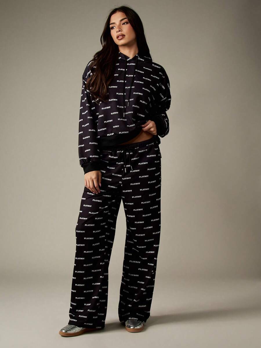 Missguided x Playboy Loungewear-Set mit Logo-Allover-Muster, bestehend aus Kapuzensweatshirt und weiter Hose, Langarm, Herbst-Winter Lässig Kollektion - Schwarz - Übersicht 1