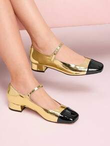 CUCCOO DOLLMOD Women's Square Toe Cute Fashion Comfortable Contrast Color Glossy Elegant Mary Jane Flat Shoes - Gold - View 1