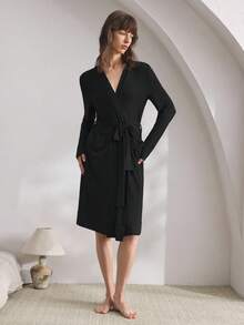 Ocili 舒适光滑浴袍，女士睡衣家居服优雅休闲，秋季 - 黑色 - 查看 4