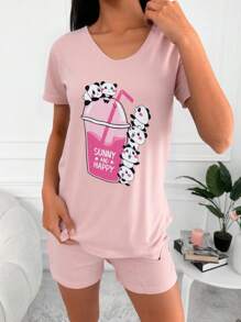 EURMUSE Cotton Cartoon & Slogan Graphic PJ Set - Coral Pink - View 3